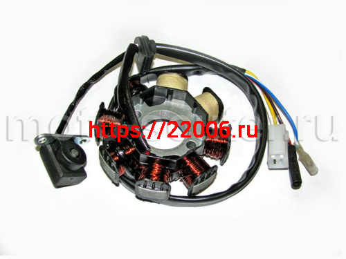 Статор генератора 139QMB 50cc 8 катушек (2 индукционные катушки) фишка 2 конт.+2 провода Статор генератора 139QMB 50cc 8 катушек (2 индукционные катушки) фишка 2 конт.+2 провода